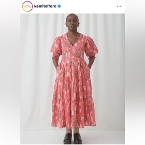 Kemi Telford 100% Cotton Pink Tiered Puff Sleeve Midi Dress Sz Large